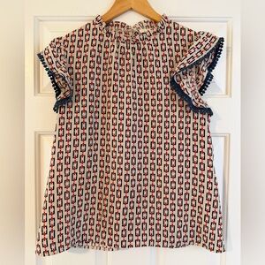 THML White Geometric Print Flutter Sleeve Top with Navy Trim